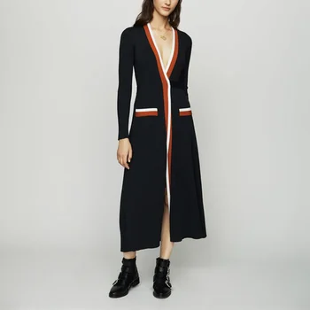 

Runway Elegant V-Neck Warp Sash Women Cardigan Sweater Autumn Winter Female Belted Long Coat Ladies Striped Outwear Jumper Slim