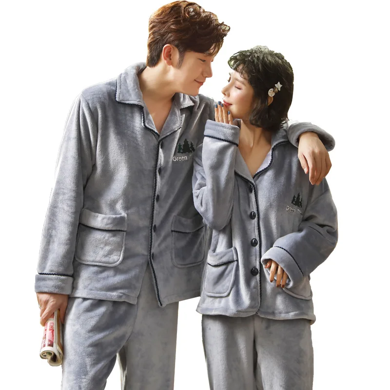 

New Korean version thickened flannel long-sleeved Coral couple pajama for women's autumn and winter men's home wear