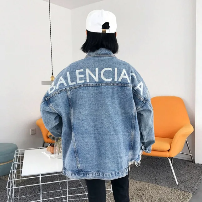 Finest  Loose-Fit Printed Letter Hip Hop Style Jeans Coat Women's Extra-large Autumn Clothing Irregular Lon