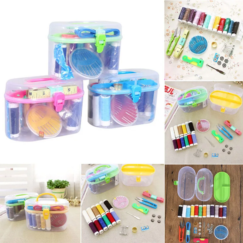 1pc Random Color Double Laye Portable Mini Travel PP Sewing Box With Color Needle Threads Sewing Kits Sewing Set DIY Home Tools