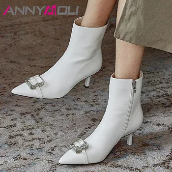 

ANNYMOLI Crystal Genuine Leather High Heel Ankle Boots Women Shoes Pointed Toe Thin Heel Zip Short Boots Lady Autumn Winter 40