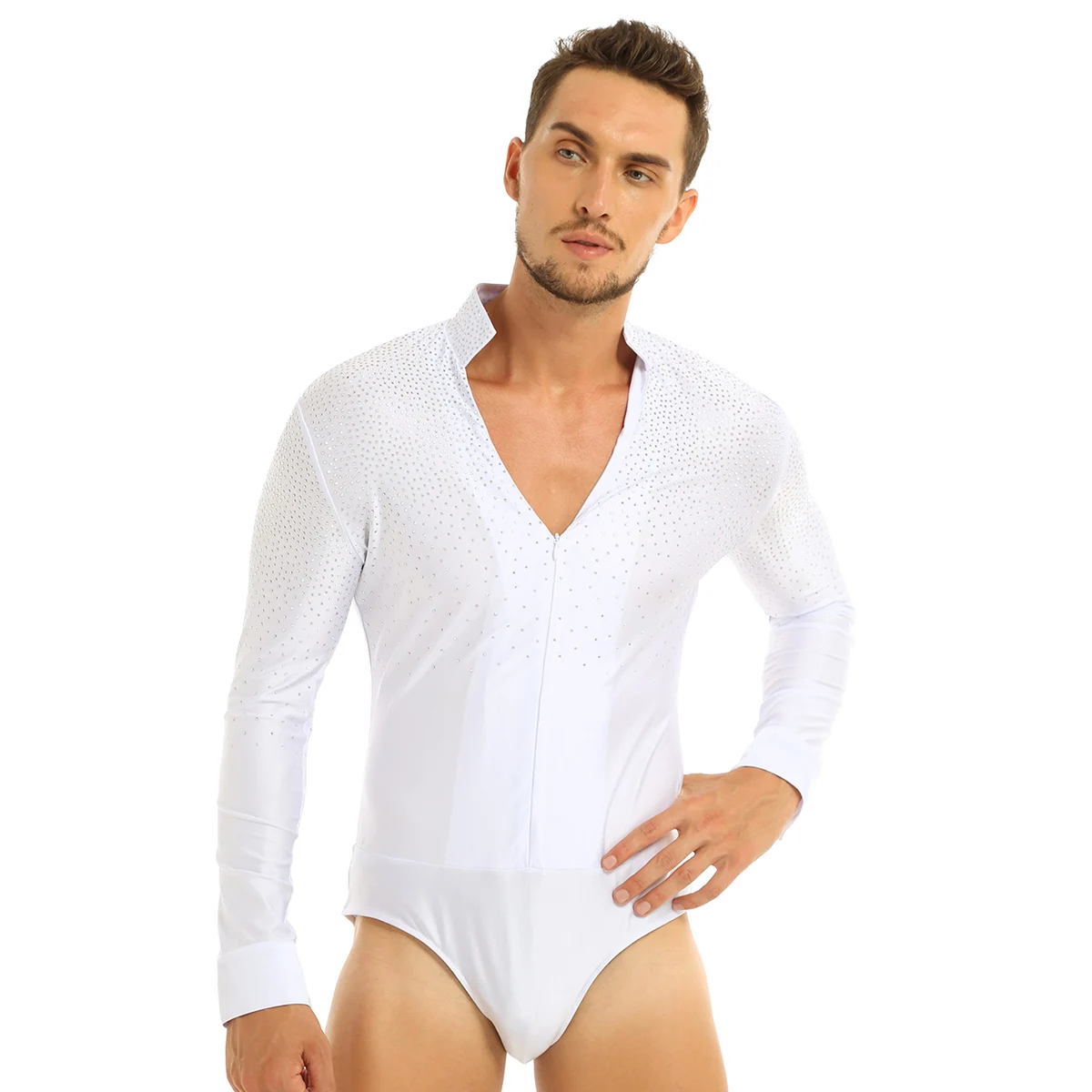 Men Shirts Shiny Rhinestones Stand Collar Ballroom Costumes Dancewear Latin Tango Rumba Dance Shirt Leotard Bodysuit Shirt Tops white short sleeve shirt