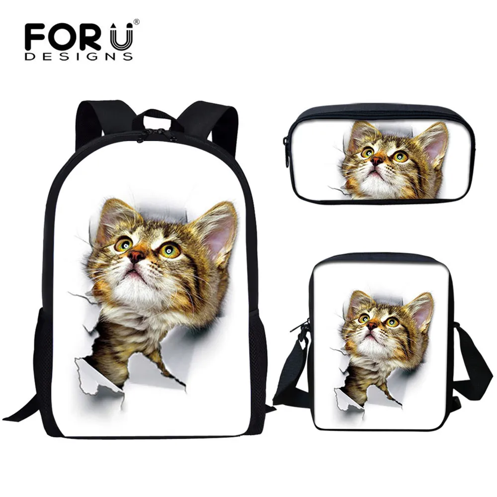 

FORUDESIGNS 3pcs/Set Fashion Children School Bags Backpack School 3D Cute Animal Cat Prints Canvas School Shoulder Bags Kids Bag