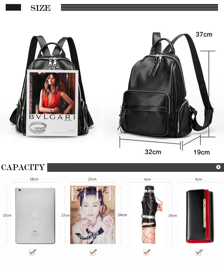 Double zipper Women Backpack Retro Black Ladies Large Soft Real Leather Backpacks Purse 15 inch Casual Girls School knapsack Bag (8)