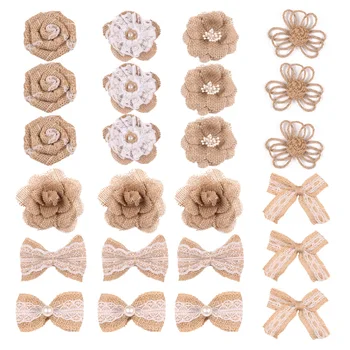 

24pcs Portable Bouquets Faux Pearls Burlap Flowers Handmade With Bowknot DIY Crafts Rustic Rose Artificial Lace Wedding Party