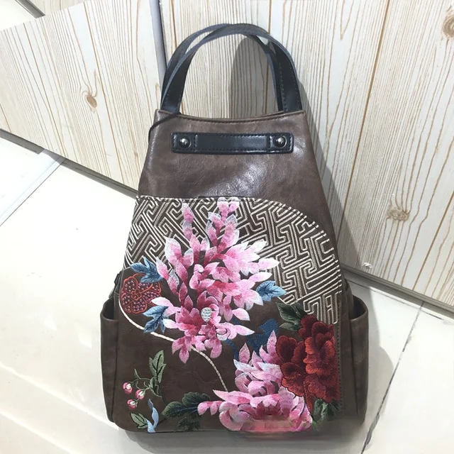 Bags Women Retro Chinese Style Embroidery Luxury women's Backpack PU Leather Personality All-match Casual Female Bag Brown