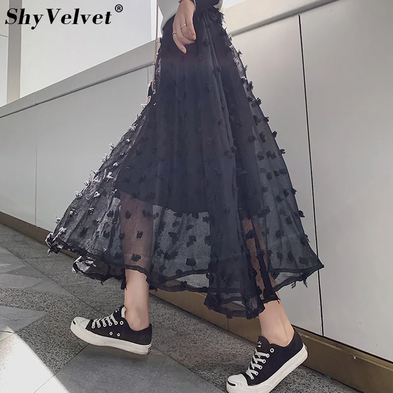 

Elegant Fairy Tulle Skirts Appliques Floral Skirt Womens A-Line Boho Mesh Big Swing Pleated Long Tutu Beach Skirts Black Khaki