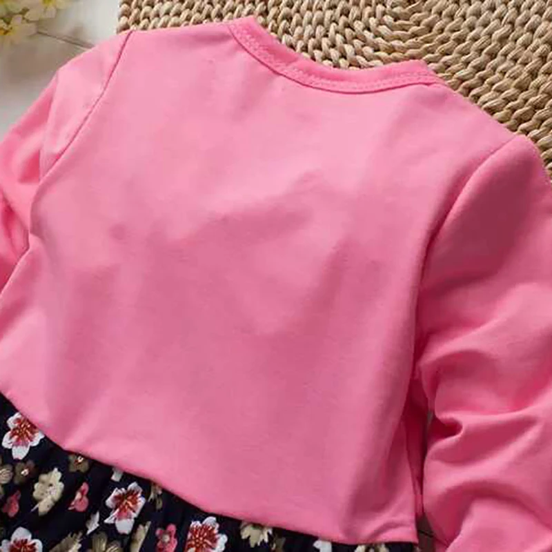 New Autumn Baby Girls Cute Long Sleeves Dress Floral Print Long Sleeve Fake 2 Piece Dress Kids Clothes Spring