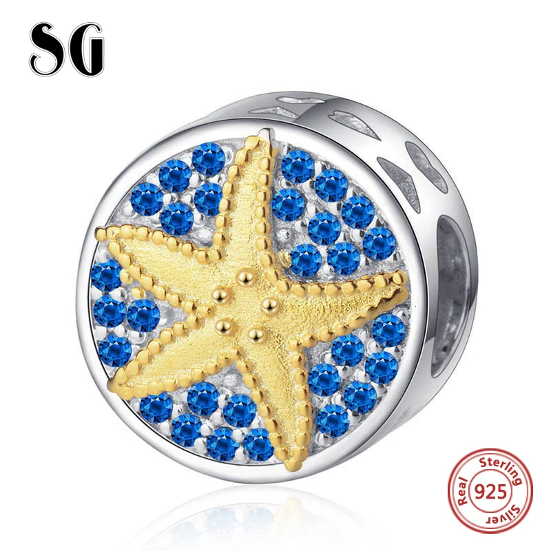 SG starfish charm with yellow Enamel charm bead 925 sterling silver Blue zircon charms for DIY charms Bracelet women gifts