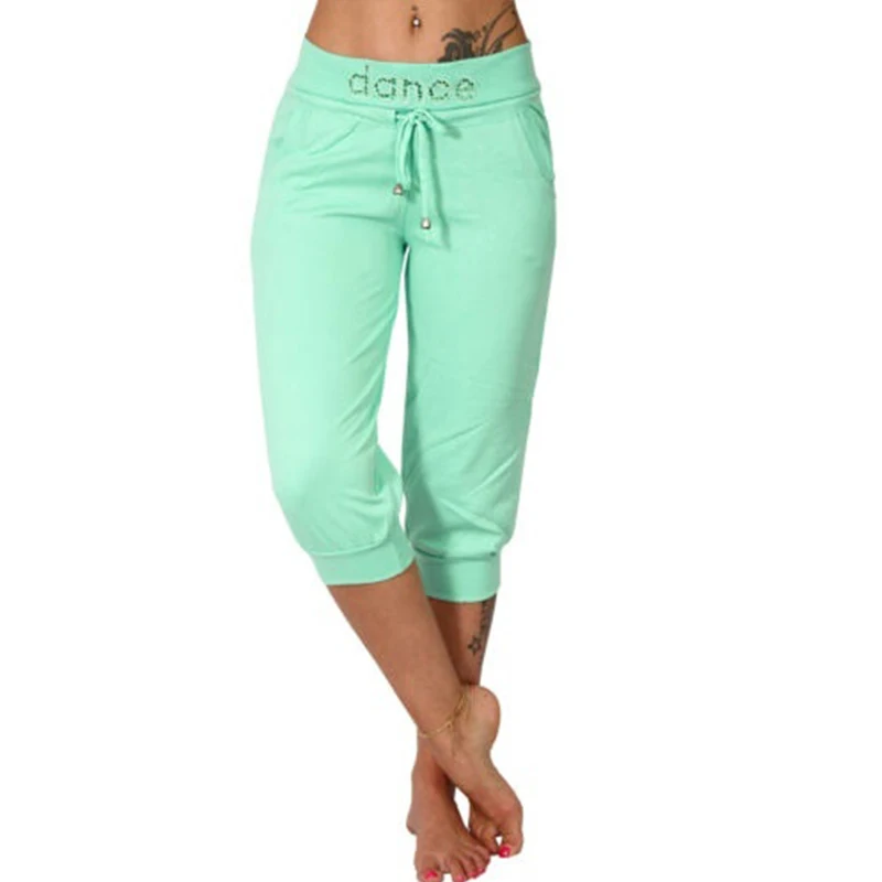 Capri de cintura elástica para correr para mujer, pantalones deportivos informales de moda, con cordón, Cachemira, para baile, 3/4