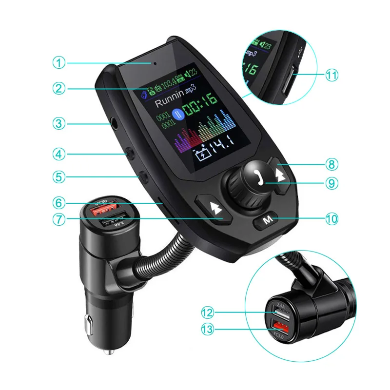 Jajabor Bluetooth 5,0 автомобильный комплект громкой связи fm-передатчик модулятор AUX MP3-плеер QC3.0 Быстрая зарядка 1,8 дюймов большой экран