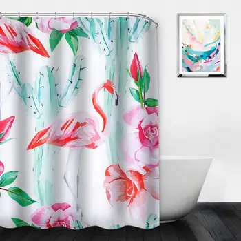 

Flamingo Cactus Flowers Shower Curtain for Women Ladies Girls Polyester Fabric Waterproof Decorative Bathroom Curtain with Hooks
