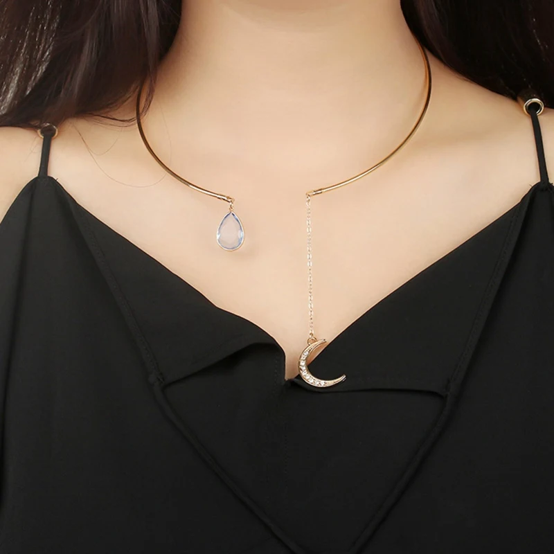 

Creative Moon Pendant Open Choker Necklace For Ladies Elegant Crystal Cuff Collar Necklace Statement Party Jewelry Fashion