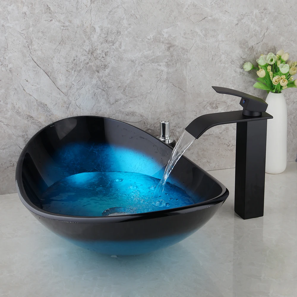 KEMAIDI-grifo de lavabo de vidrio templado, Combo de fregadero con grifos de cascada negra, lavabo sobre encimera