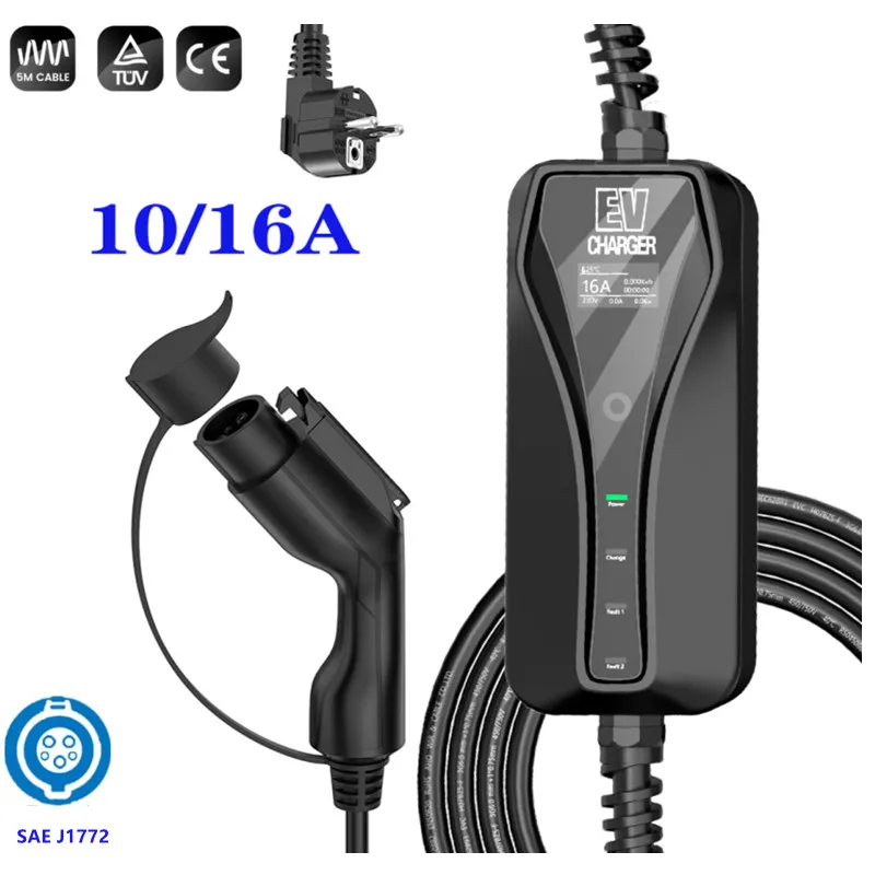 

Type 1 Portable EV Charging Box Cable Switchable 10/16A Schuko Plug Electric Vehicle Car Charger EVSE SAE J1772 220V 5M Mode 2