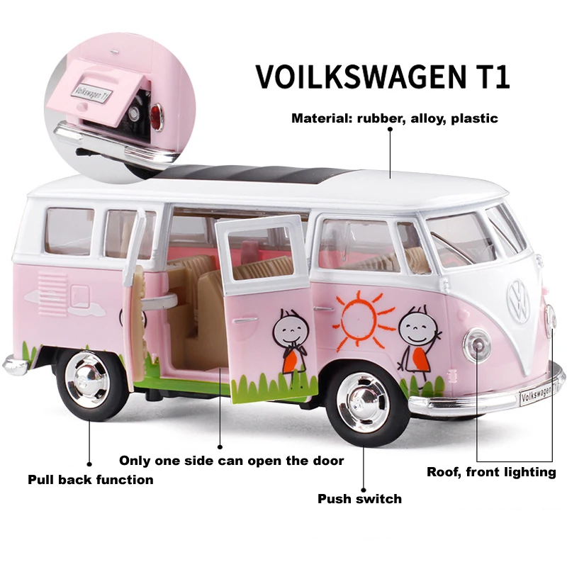1:32 розовый VW автобус T1 звук и освещение сплав Модель Выдвижной автомобиль литья под давлением модель автомобиля для мальчика игрушка детский подарок