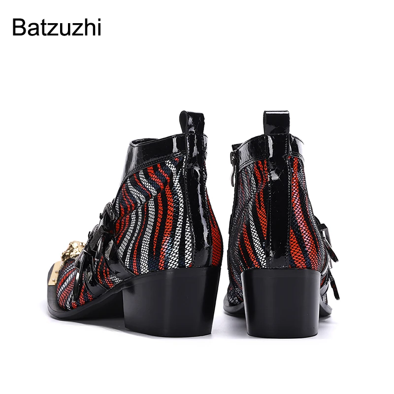 Batzuzhi 6.5cm Heels Height Men's Boots Western Handmade Genuine Leather Ankle Boots Men Golden Toe Buckles Motorcycle Botas