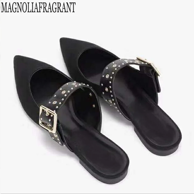 

Spring Women single Shoes Mules Ladies Slippers Pointed Toe Women Shoes Rivets Ladies Female Half Slippers Heel Slides y84