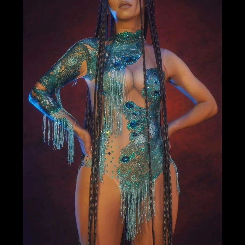 

Sparkly Rhinestone Tassel Dance Costume Sexy Crystals Fringes Leotard Women Gogo Club Stage Wear
