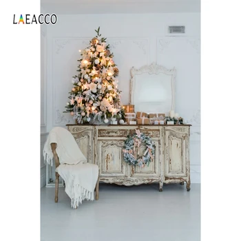 

Laeacco White Chic Wall Cabinet Mirror Chair Christmas Tree Wreath Gift Photography Backdrops Photo Backgrounds For Photo Studio
