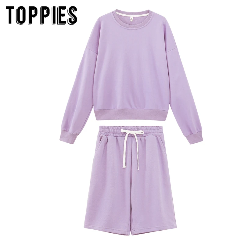 toppies 2020 women two piece set tracksuits o-neck sweatshirts elastic high waist bermuda shorts solid color