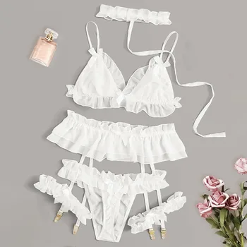 

Womens Sexy Lingerie Black White Chiffon Set Lolita Ruffle Underwear Panties Bondage Kawaii Nightwear Caitsuit Play Costume New