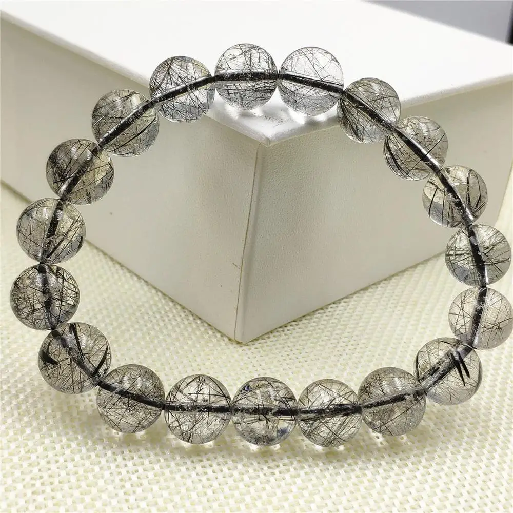 

Genuine Natural Black Rutilated Quartz Bracelet 11mm Clear Round Beads Women Men Fashion Best Stone Wealthy Stone AAAAA