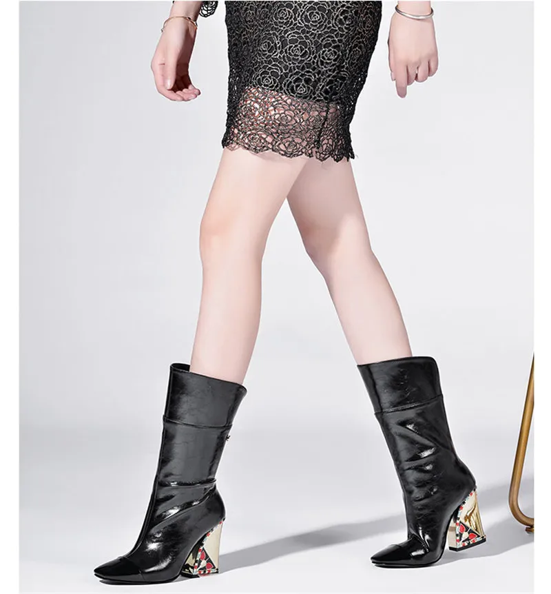 Gold Mid Calf Boot Women Autumn Spring Patchwork Black Square Toe Party Bottes Chunky Square High Heel Boots Woman Female