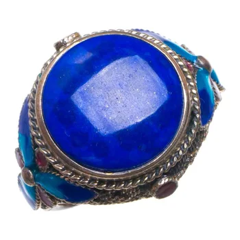 

Natural Lapis Lazuli And Cloisonne Opening Handmade 925 Sterling Silver Ring 8.5 D1335