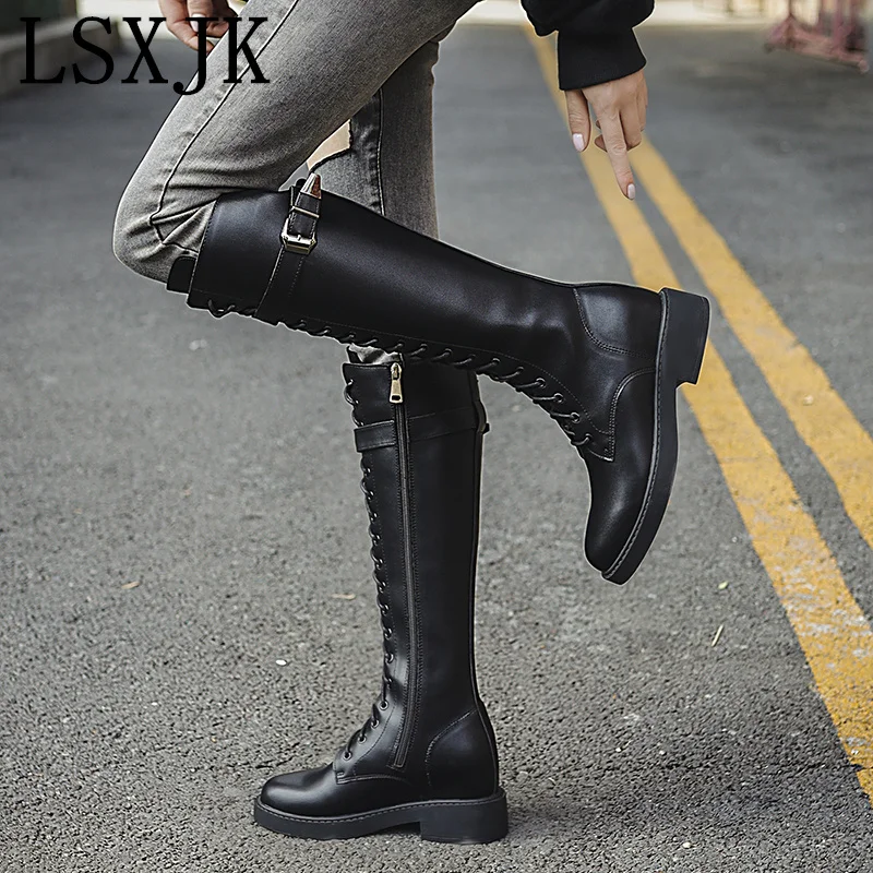 

LSXJK Winter Boots Motorcycle Wind Belt Buckle Rider Boots Female Side Zipper Inner Increase But Knee Boots Women's High Boots