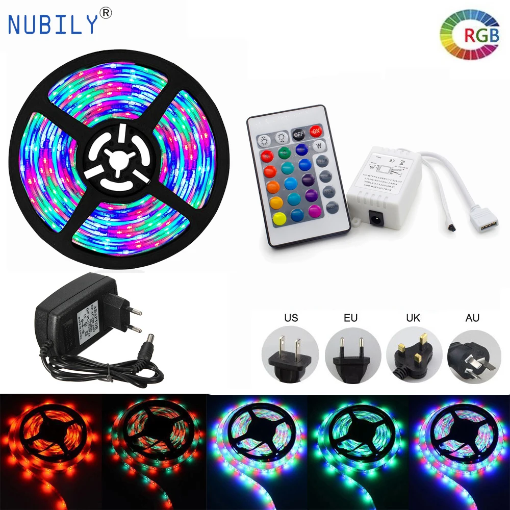 

15m 10m 5M RGB LED Strip Lights Waterproof Flexible Fita Diode Tape with 24Key Remote RGB Controller 12V 2A 5A LED Adapter