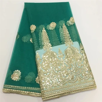 

Green African Lace Fabric 2019 French Cord Lace Fabric Embroidered Nigerian Tulle Lace Fabric With Stones For Wedding