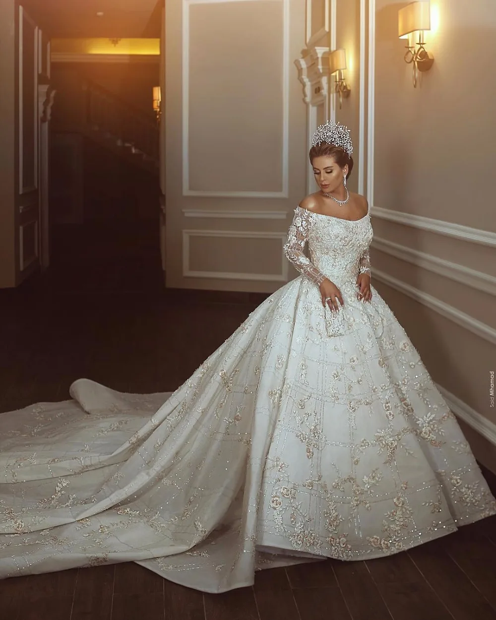 Vestidos De Novia элегантное бальное платье с вырезом лодочкой, свадебное платье принцессы, Роскошные свадебные платья с бисером и длинным рукавом
