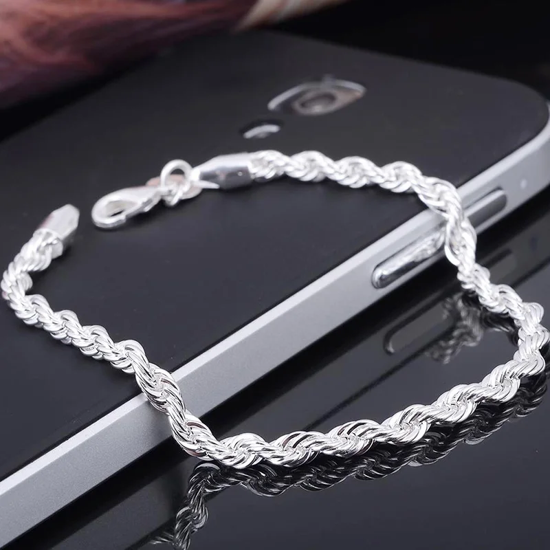 Silver Color Twisted Bracelet Women Men Fashion Solid Wedding Bride Charm Chain Female Elegant