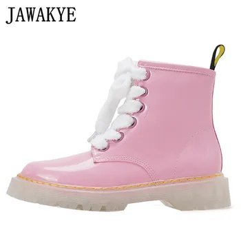 

Baby Pink Glossy Leather Millitary Boots Flat Platform Lace Up Ankle Boots Short Boots White Violet Shiny Botas Women