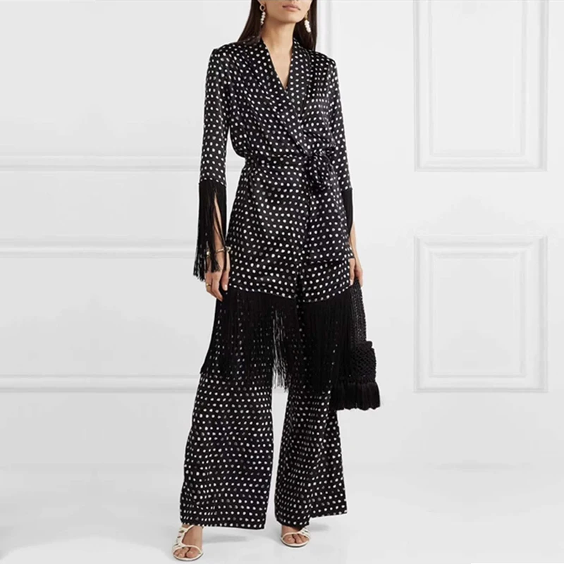 

Autumn Runway Dot Woman 2 Piece Sets Lace Up Tassel Long Coats High Waist Wide Leg Long Pants Fashion Two Piece