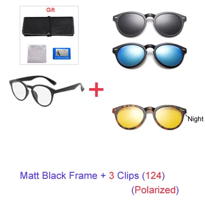 Два Oclock 5 в 1, магнитные солнцезащитные очки, женские, поляризационные, на застежке, очки для мужчин, Круглые, по рецепту, оптические очки для близорукости, оправы A2205 - Цвет линз: 1 Frame 3 Clip 124