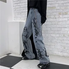 

2021 New Summer Fashion Ins Street Hip-hop Printing Wash Jeans Loose Casual Denim Wide Leg Pants Tide Woman