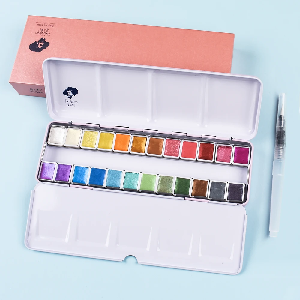 Rubens Glitter Artist Watercolor Paint 12/24 Colors Professional Metallic Sparkly Solid Pigment Portable Metal Case with Palette |