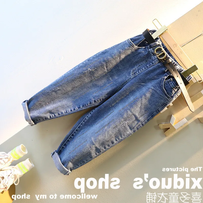 

2019 New Girl Boy Jeans for autumn wear beaded long pant Baby Kids Denim Pants Child CLothes