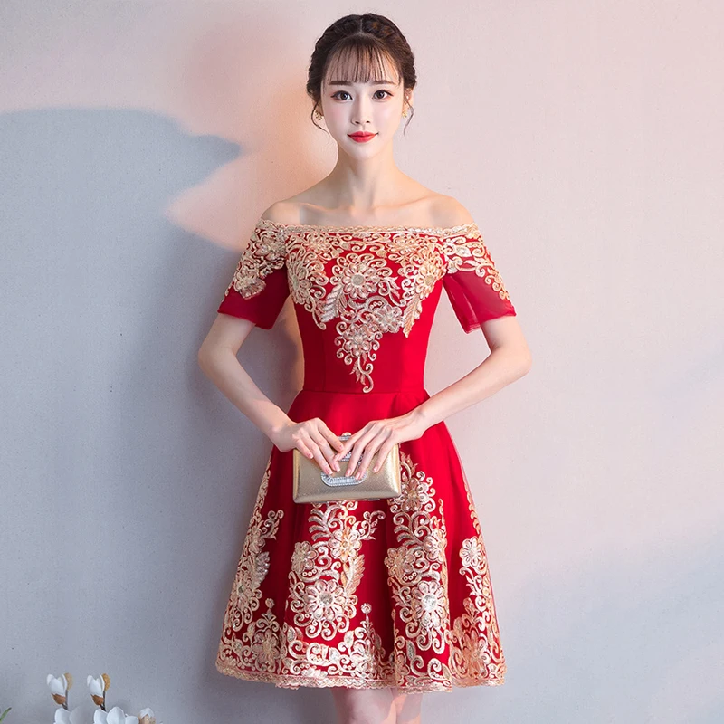 Красные женские вечерние платья с вырезом лодочкой, Мини Cheongsam, элегантные, с коротким рукавом, Qipao, сексуальные, тонкие, свадебные платья, Vestidos xs-xxxl