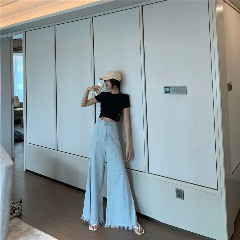 Ulzzang Женская одежда свободный модный бренд корейский стиль Карманы Высокая талия широкие брюки расклешенные брюки с бахромой джинсы с отворотами