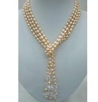 

Free shipping lariat necklace 2 strands pink pearls oval beads clear quartz mixed 60"