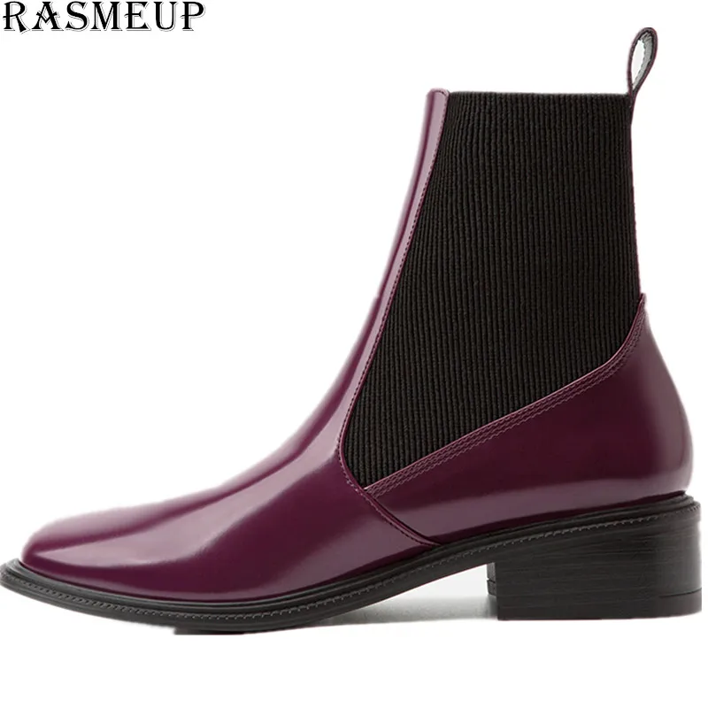 Ceny RASMEUP skórzane damskie buty Chelsea 2019 moda marka jesień zima Martin botki na co dzień panie krótkie buty czerwony
