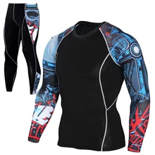 Мужской спортивный компрессионный комплект для бега футболка+ брюки облегающая одежда с длинным рукавом для фитнеса одежда для йоги одежда горячая распродажа