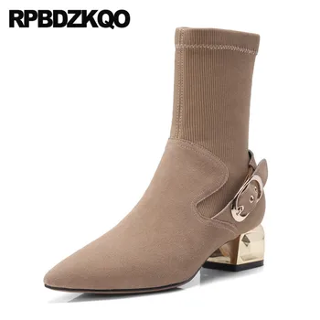 

Autumn 2019 Chunky Suede Fall Short Black High Quality Brown Pointed Toe Block Metal Heel Boots Ankle Slip On Stretch European
