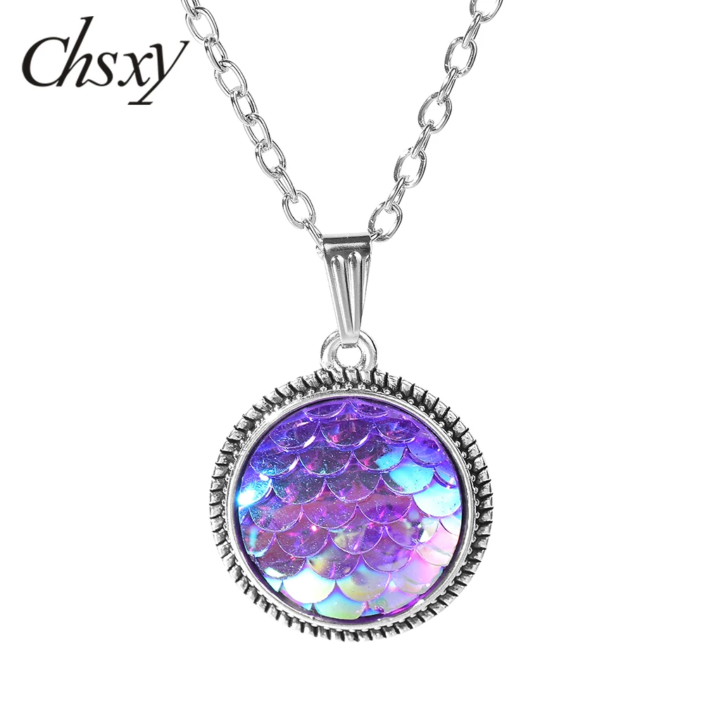 

CHSXY Romantic Mermaid Scale Necklace Sparkling Fish Scale Resin Round Pendant Necklace Party Fun Suitable Gift Vacation Jewelry