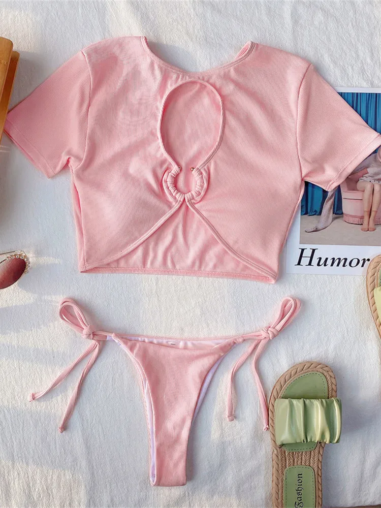 Women Swimsuit 2021 New Pink Bikini Set Short Sleeve Cropped Top Thong Swim Wear Two Piece Separate Bathing Suit Female Swimwear