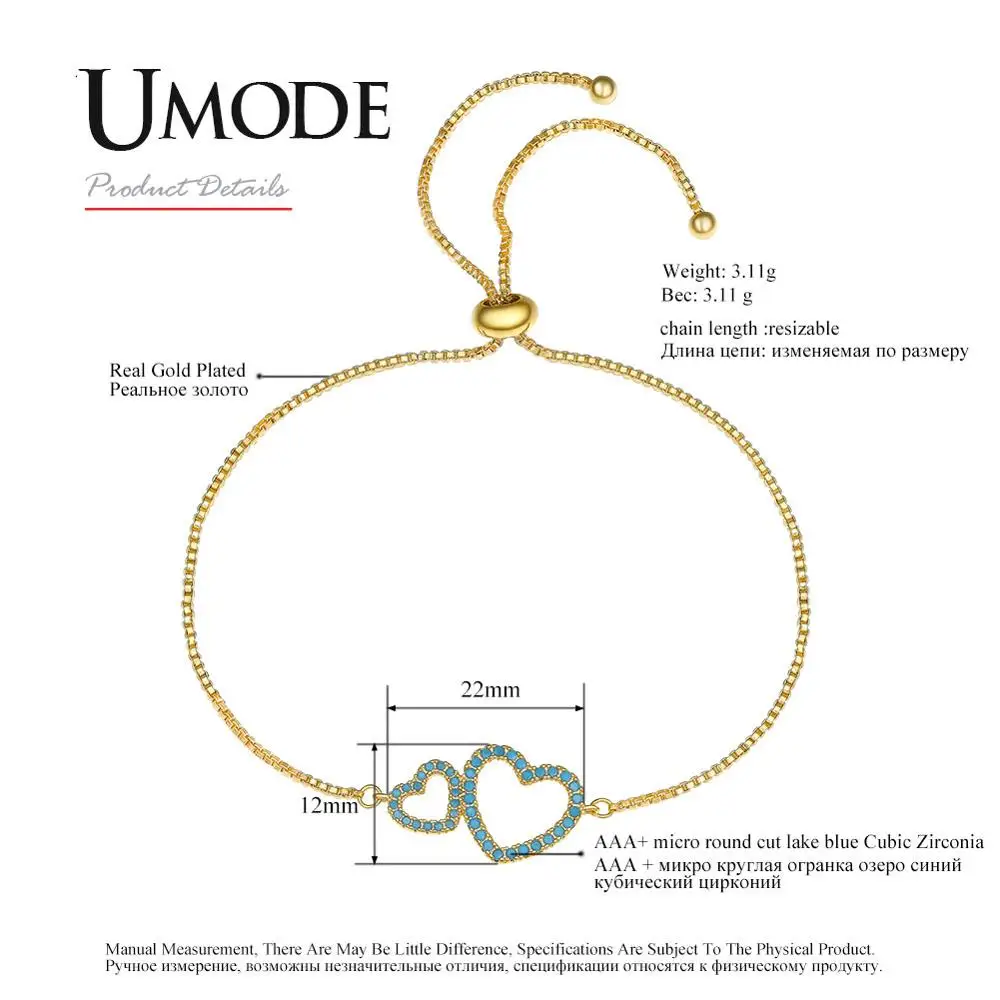 UMODE Двойные Браслеты с сердечками для женщин милый золотой цвет регулируемый браслет Femme Свадебная вечеринка очаровательные ювелирные изделия UB0105