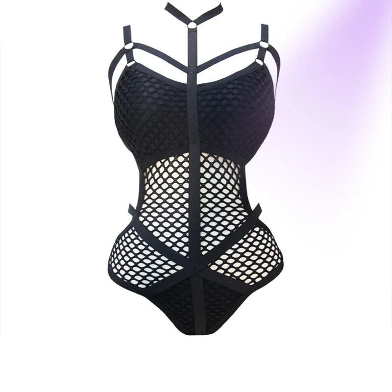 2020 Women Black bodysuits Sheer Knit Net Mesh Sexy Women Swimwear One Piece Swimsuit Female Bather Bathing Suit Swim Halter black body suit